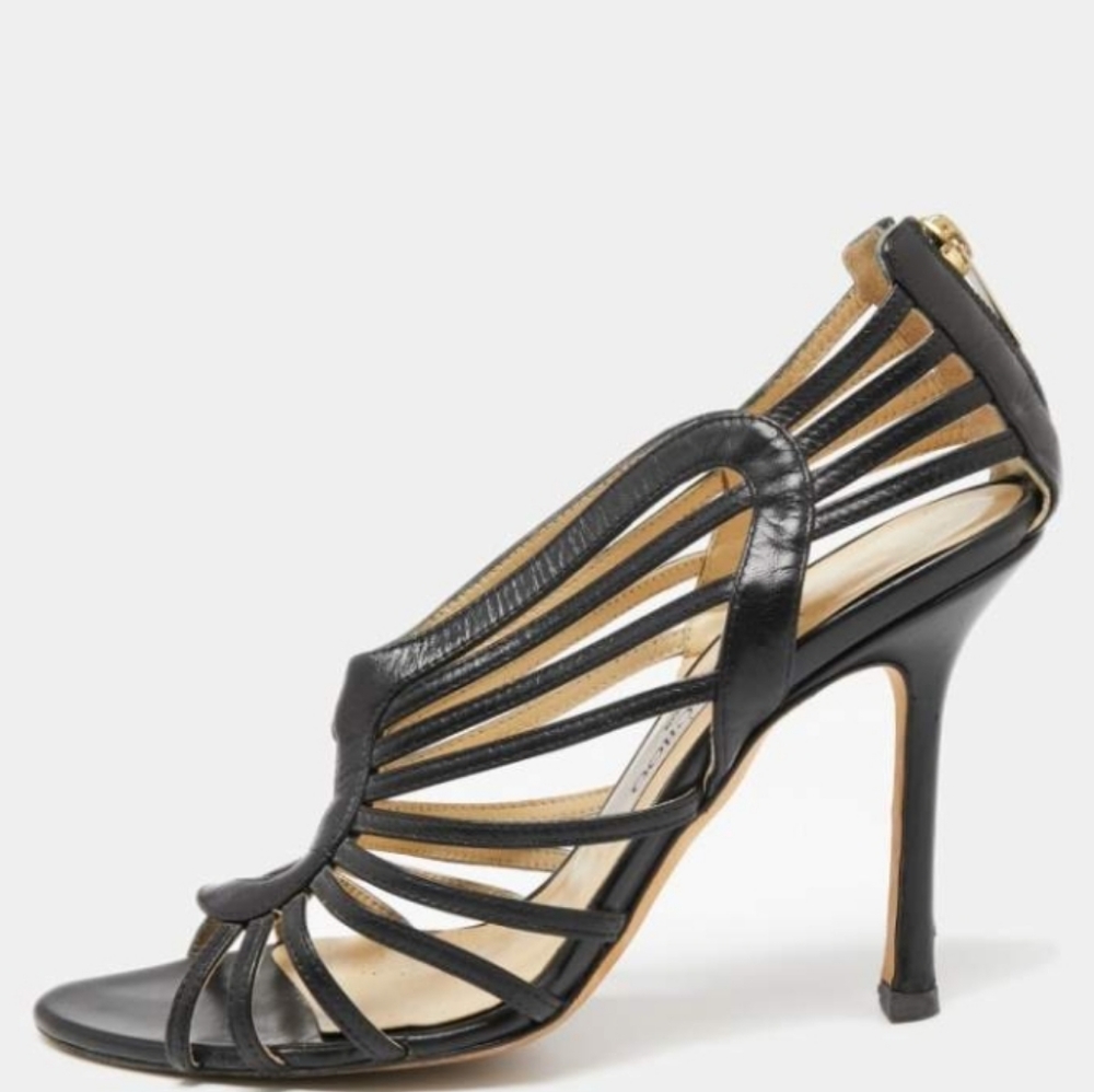 Jimmy Choo Samoa sandals heels Leather Cut Out strappy black Caged 37.5